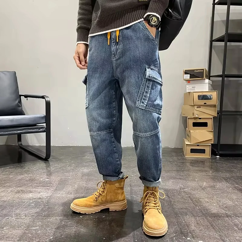 Autumn Winter New Fashion American Men's Casual Trendy Vintage Washed Blue Wide Leg Loose Multi Pocket Cargo Denim Trousers Male