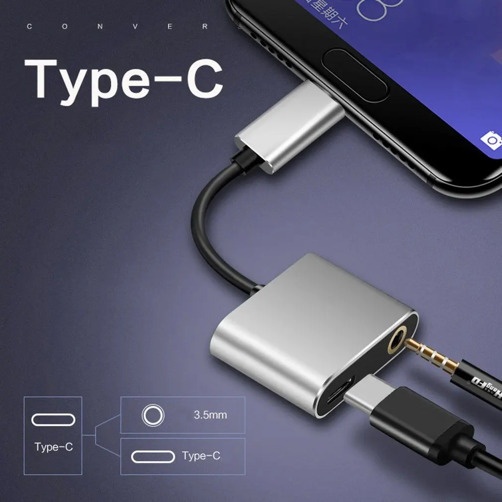 Переходник 2 в 1 с USB Type-C на гнездо 3,5 мм, зарядный адаптер типа C на 3,5 мм, зарядный аудиоадаптер 2 в 1, Разветвитель USB C