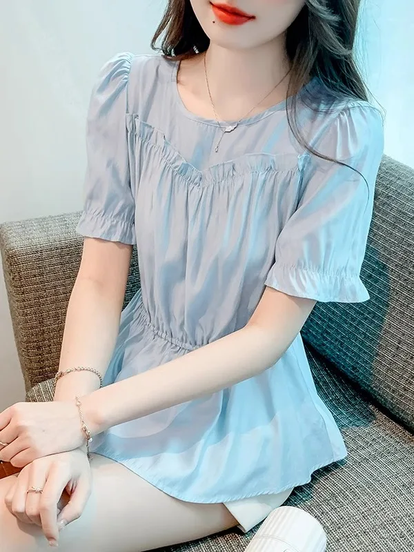 

Новая летняя женская блузка с эффектом утягивания талии, модная плиссированная, с коротким рукавом, в корейском стиле, для делового и повседневного образа