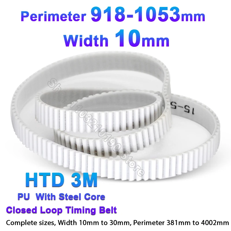 

1Pc HTD 3M Timing Belt PU with Steel Core Closed Loop Perimeter 918-1053mm White Polyurethane 3M Synchronous Belts Width 10mm