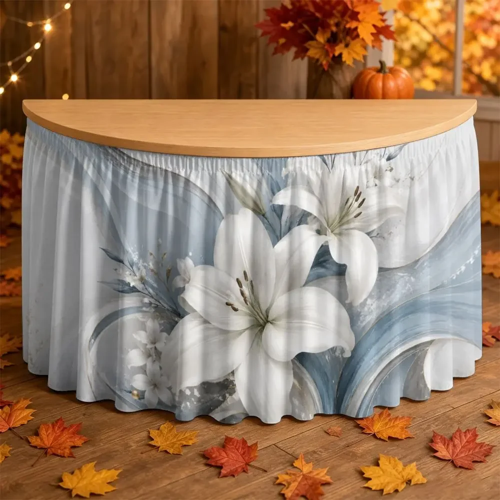One table skirt, 2D printed white lily blue vortex pattern, suitable for home decoration and festival decoration