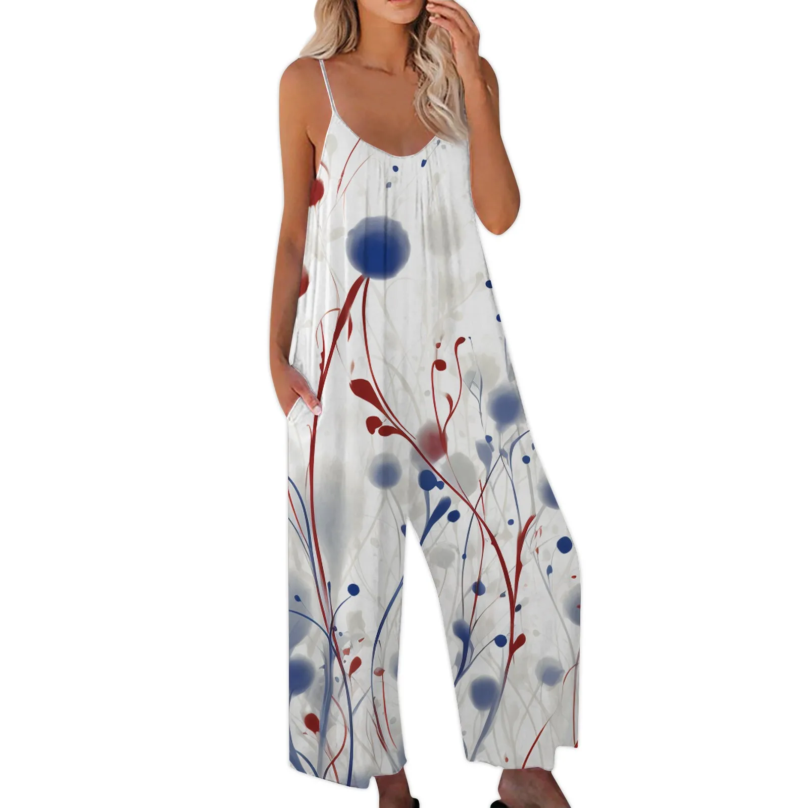 Womens Holiday Long Playsuit Fashion Floral Printed Sleeveless Ladies Jumpsuit Spaghetti Strap Summer Beach Jumpsuits