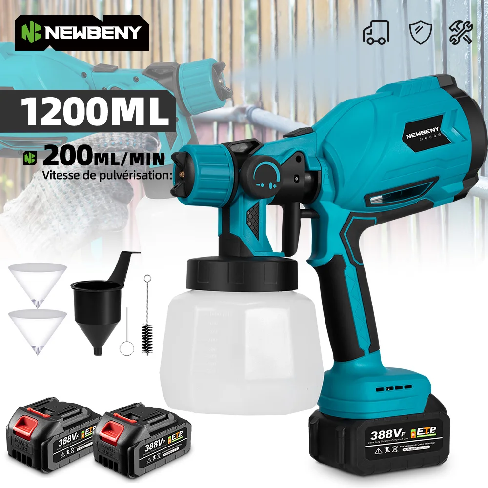 NEWBENY 1200ML pistolet de pulvérisation électrique pulvérisateur de peinture sans fil ménage Auto revêtement en acier aérographe outil électrique pour broche de batterie Makita
