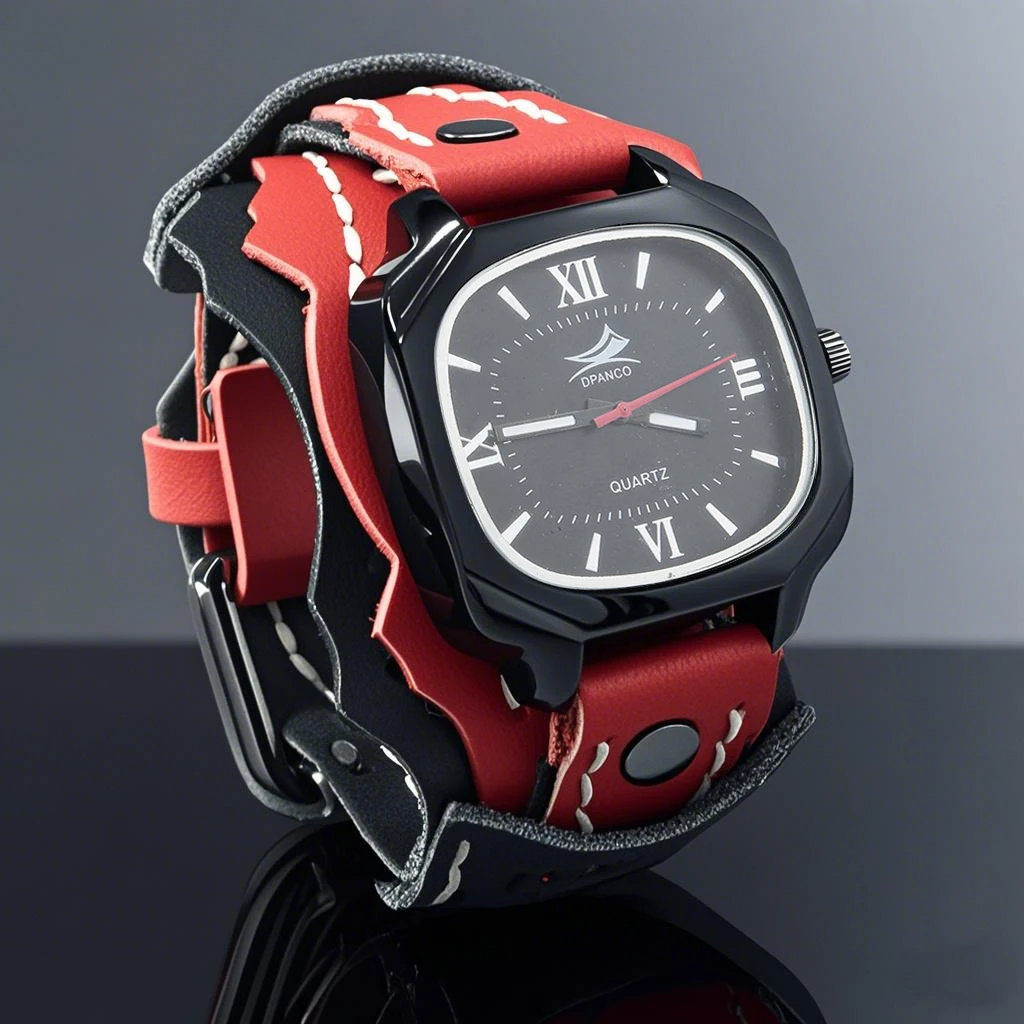 New Watch Men\'s Big Dial Square Clock Punk Sport Handmade Stitching Genuine Leather Strap Quartz Watch Wide Wristband Bangles