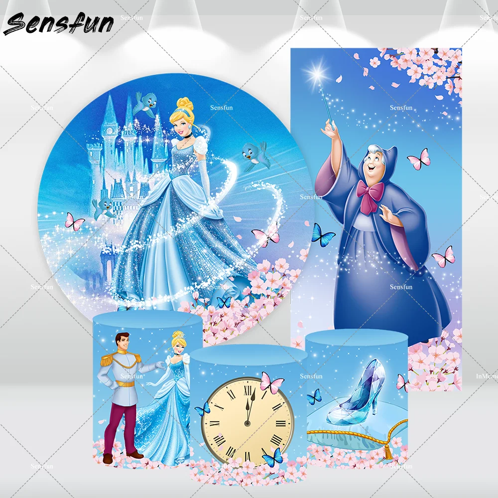 Cinderella Princess Round Circle Backdrop for Girl Birthday Party Supplies Floral Castle Photo Background Baby Shower Banner