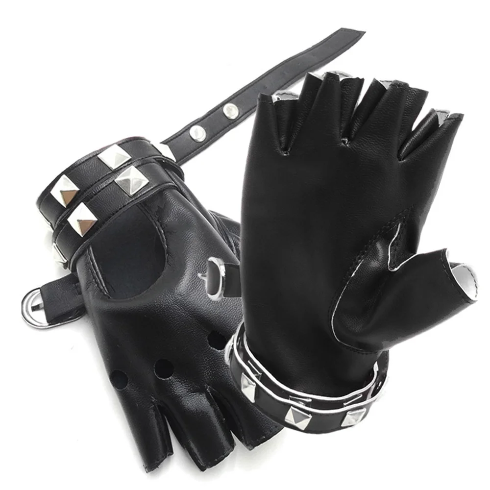 Unisex Fingerless Driving PU Leather Gloves Motor Cool Rivet Sexy Disco Dancing Rock and Roll Black Red White Punk Glove