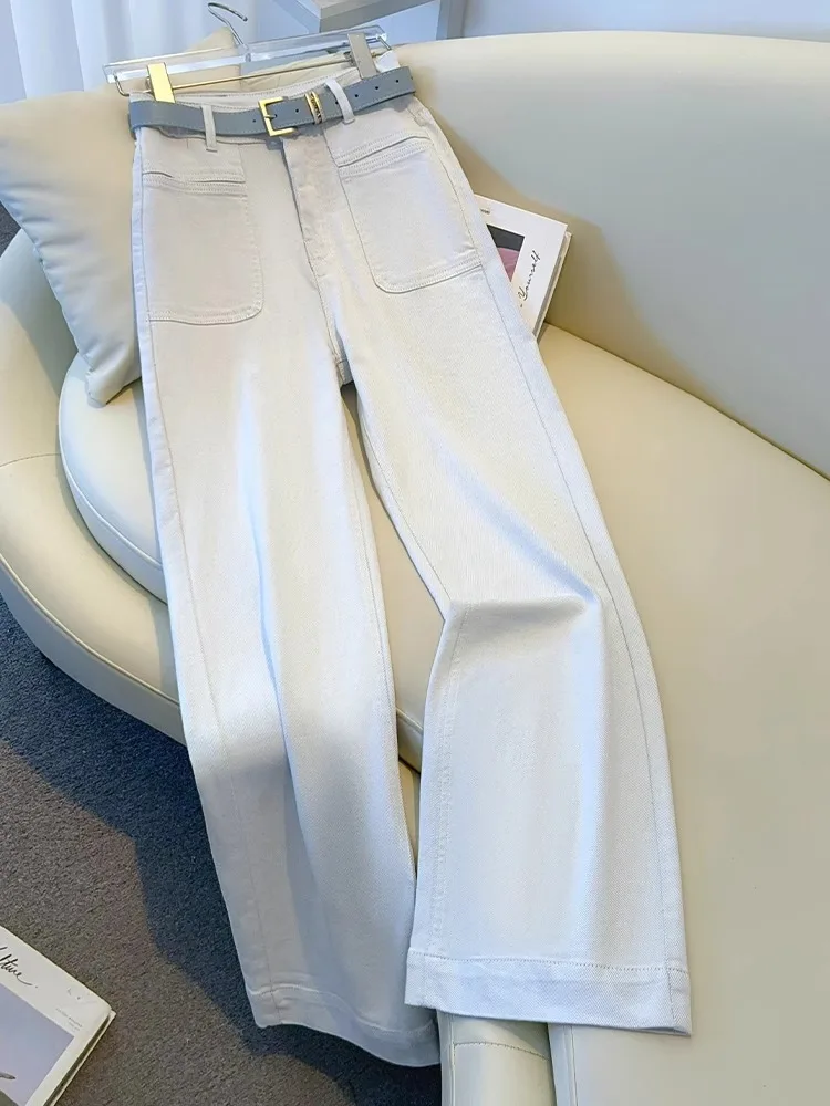 Jeans de perna larga cinza claro e branco feminino primavera 2025 novas calças de cintura alta estreitas e retas