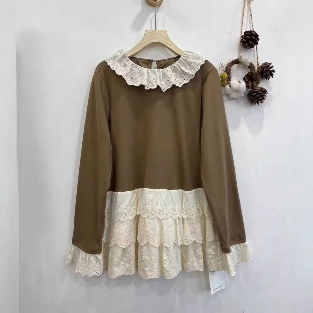 Japanese Sweet Mori Girl Three Layer Lace Embroidery Cotton T-Shirts Women Autumn Kawaii O-Neck Long Sleeve Casual Loose Tops