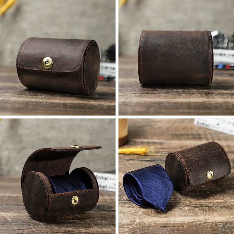Handmade Genuine Leather Men's Tie Box Portable Retro Circular Magnetic Clasp Organizer