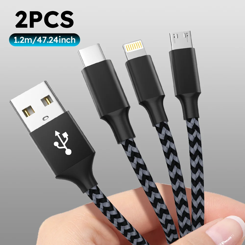 

2/4/6 шт. Черный кабель для быстрой зарядки 3-в-1 с портами Type-C, USB и IP, подходит для устройств iPhone, Xiaomi и Samsung Android