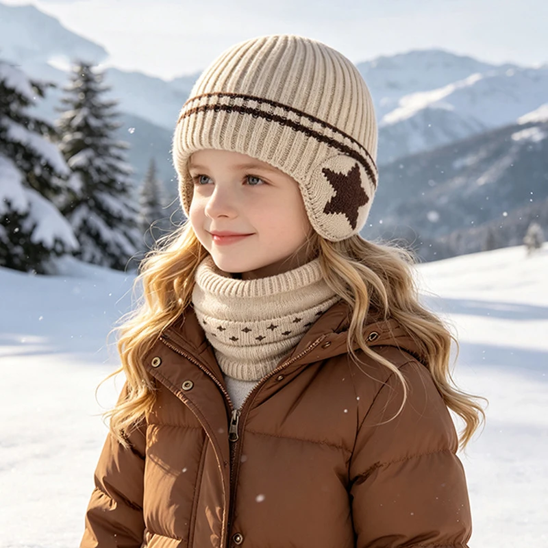 2pcs/Set Warm Knitted Hat and Scarf Set for Children Pullover Hat Plus Velvet Ear Protection Winter outdoor