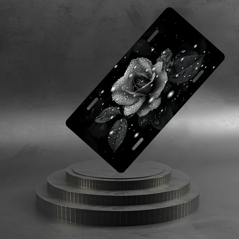 2D Design, a Black And White Rose License Plate Cover And Frame, Aluminum License Plate Cover And Frame,Car Rose Additions