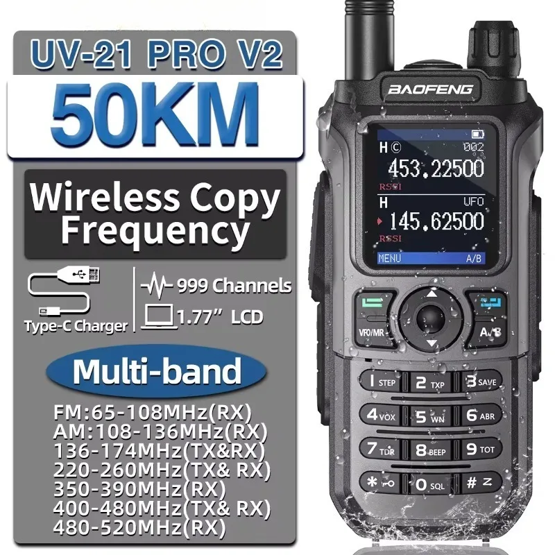 UV-21 Pro V2 Wireless Copy Frequency Mutli Band Powerful Waterproof Long Range UV-5R Long Range Type-C Two Way Ham Radio