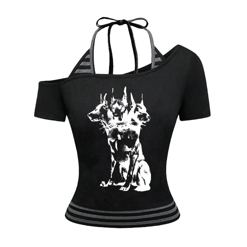 

2025 Spring/Summer New European and American Y2K Sexy Temperament Women's T-shirt Gothic Printed Pattern Two Piece Set Strap