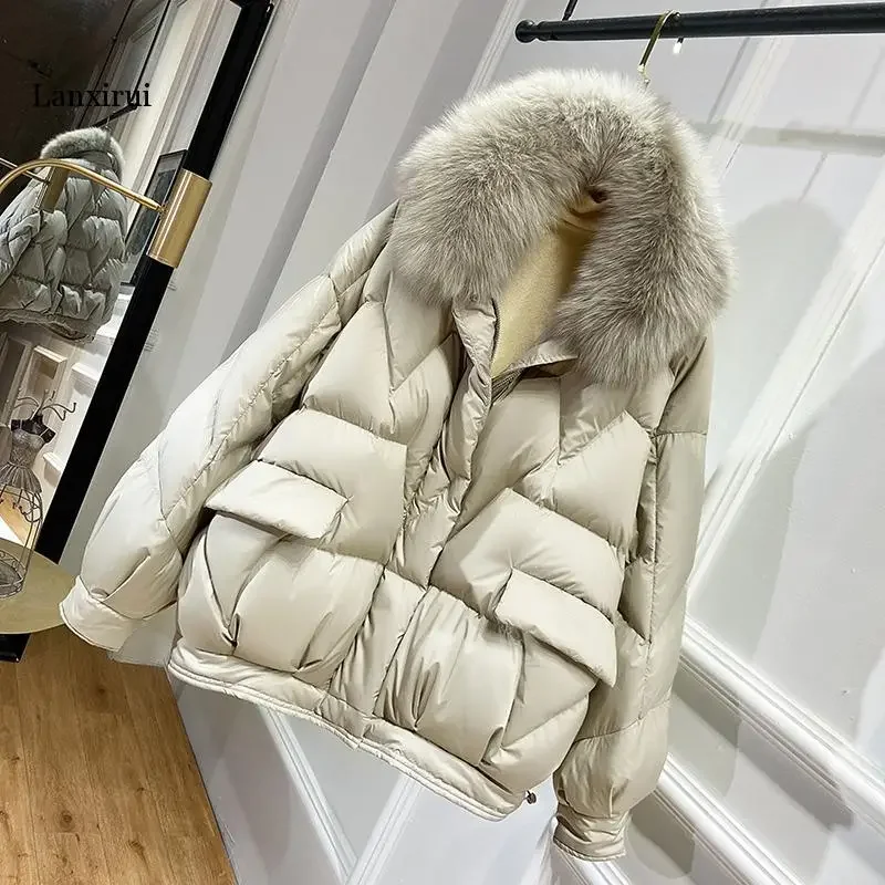 Novas mulheres 90 inverno para baixo jaqueta mulher curto coreano puffer casaco grosso quente feminino real gola de pele de raposa para baixo