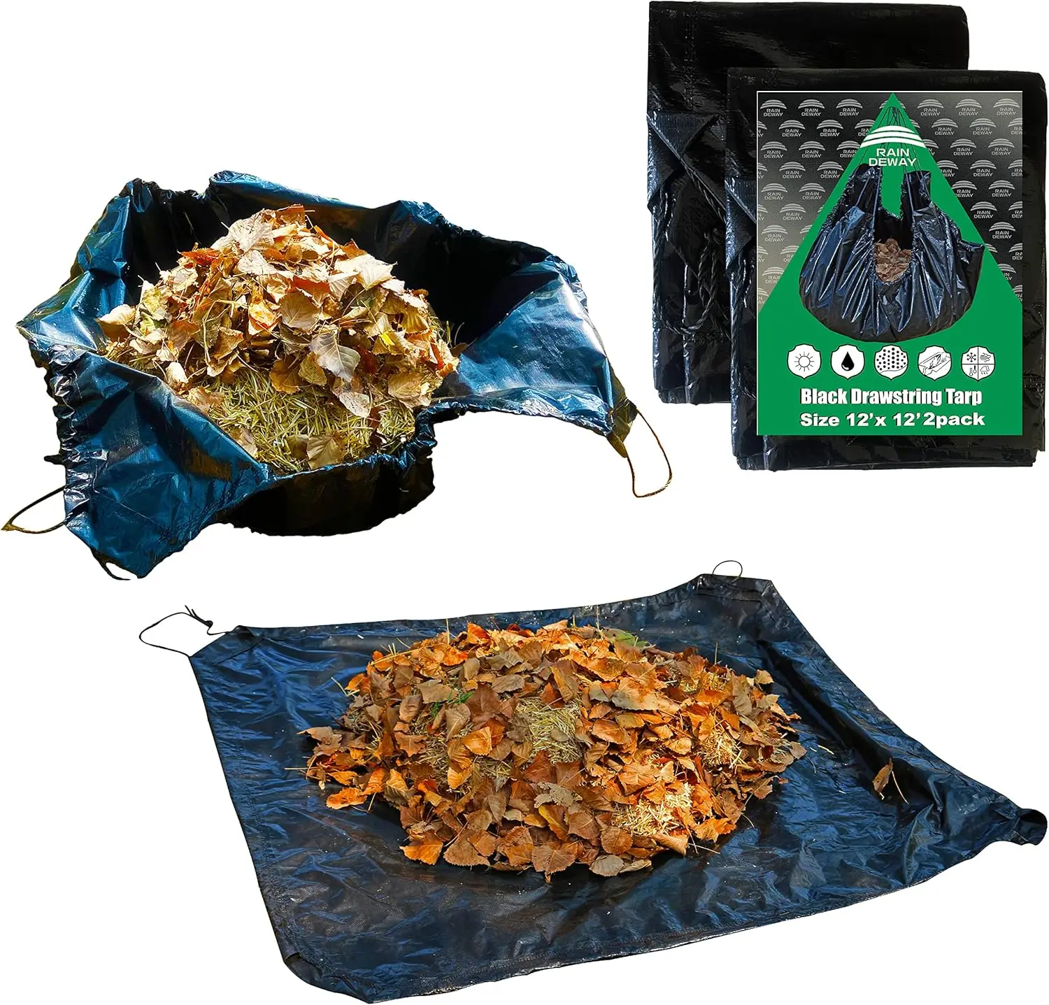 

12x12 ft Drawstring Tarp 2-Pack, 9 mil Black Poly Leaf & Lawn Bag