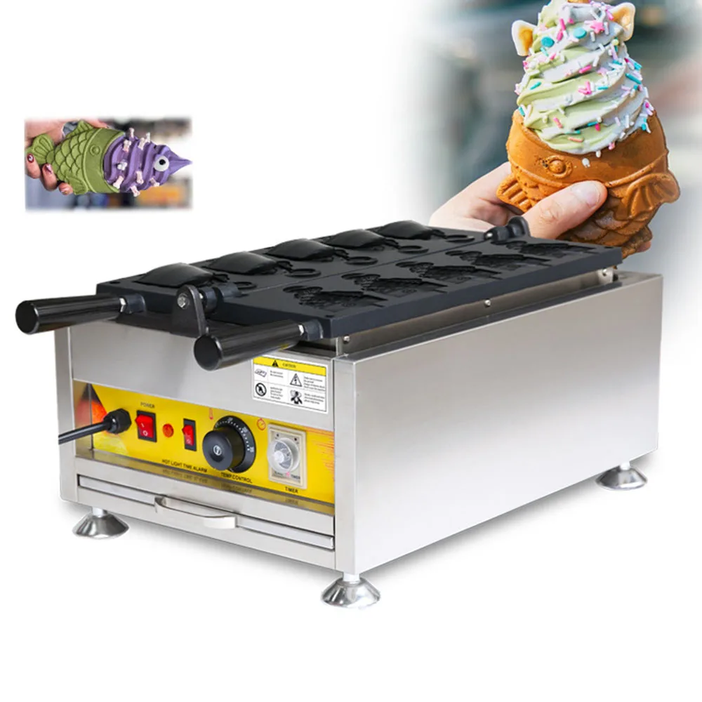 

Commercial open mouth taiyaki machine fish shape ice cream waffle cone maker
