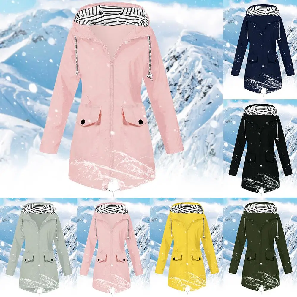 

Женская ветрозащитная уличная куртка с капюшоном на молнии, в полоску, с длинными рукавами, из полиэфирного волокна, однотонная, зимняя, модная