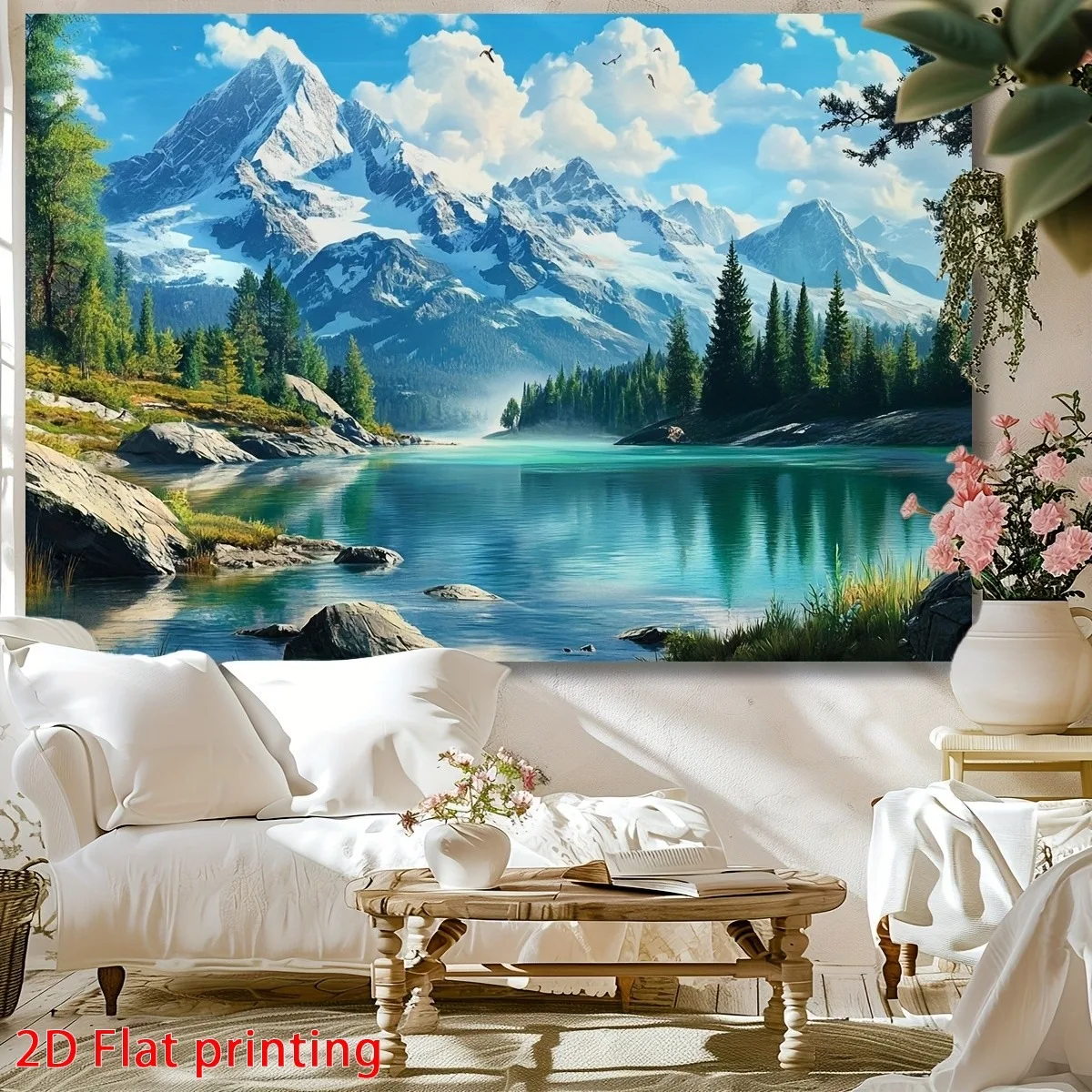 Mountain Nature Landscape Tapestry,Clear Lake Reflection Snowy Peak Conifer Trees Wall Art for Living Room Background Home Decor