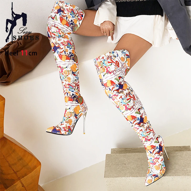 Sexy Pointy Toe Stiletto Heels PU Leather Women\'s Print Over-the-Knee Boots Stripper Shoes 2024 Winter Thigh Booties For Women