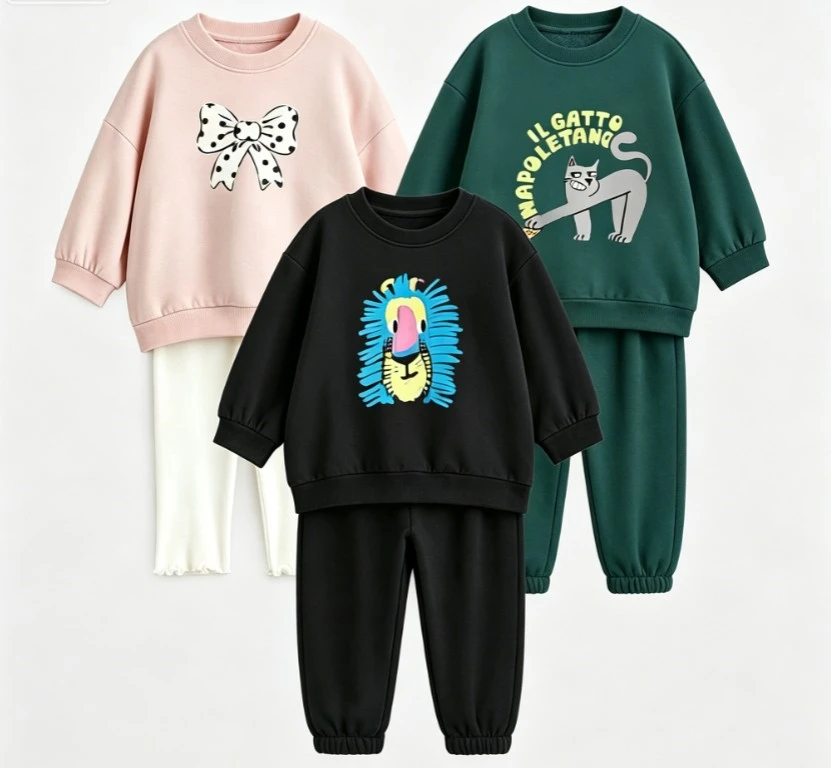 Baby Long Sleeve Tracksuit Set Three Cartoon Designs Sweatshirt Outfits Kid Crew Neck Top With Elastic Waist Pants Children Suit