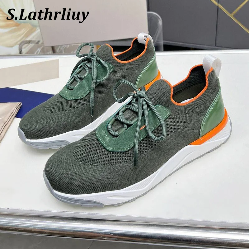 Mixed Color Lace Up Flat Shoes Men's Summer Knitting Breathable Sneakers Comfort Casual Shoes Thick Sole Non-slip Running Shoes