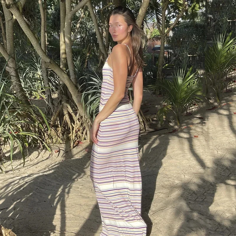 Color Blocking Striped Spicy Girl Strapless Suspender Long Dress Summer High-end Slim Fit Hip Hugging Dress Fashion Women Skirt