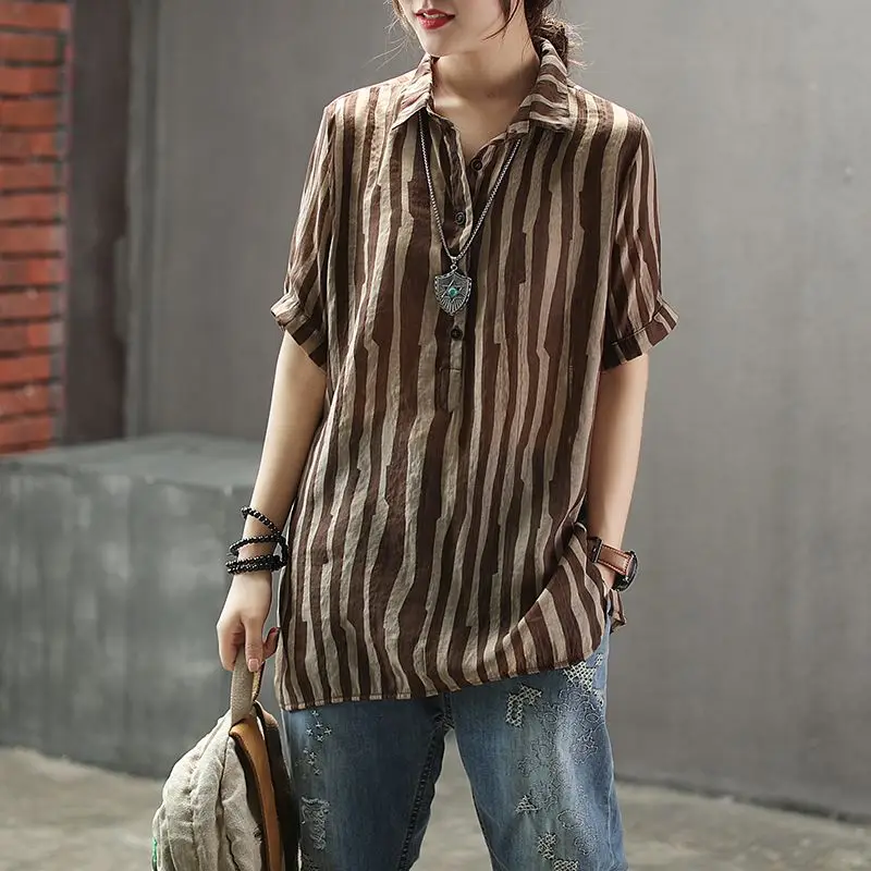 Women's Fashion Striped Printed Casual Shirt 2023 Summer Vintage Loose All-match Short Sleeve Polo-Neck Blouse Female Clothing