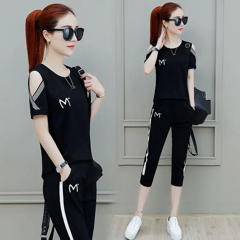 Women\'s Summer Casual Korean Short Suit 2024 New Loose Sports Clothes Sleeve T-shirt Capris Pencil Pants Two Piece Set For Women