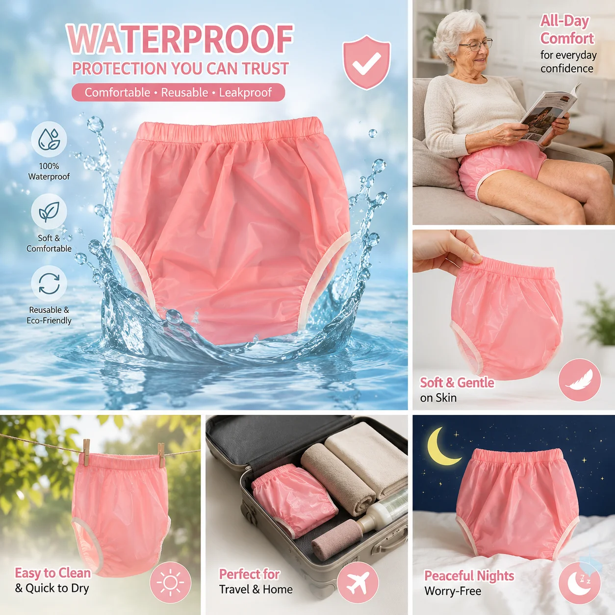 2PCS High Waist TPU Underwear Adult Diaper Incontinence Shorts Plastic  Panties Cover Reusable Diaper Super Soft Noiseless