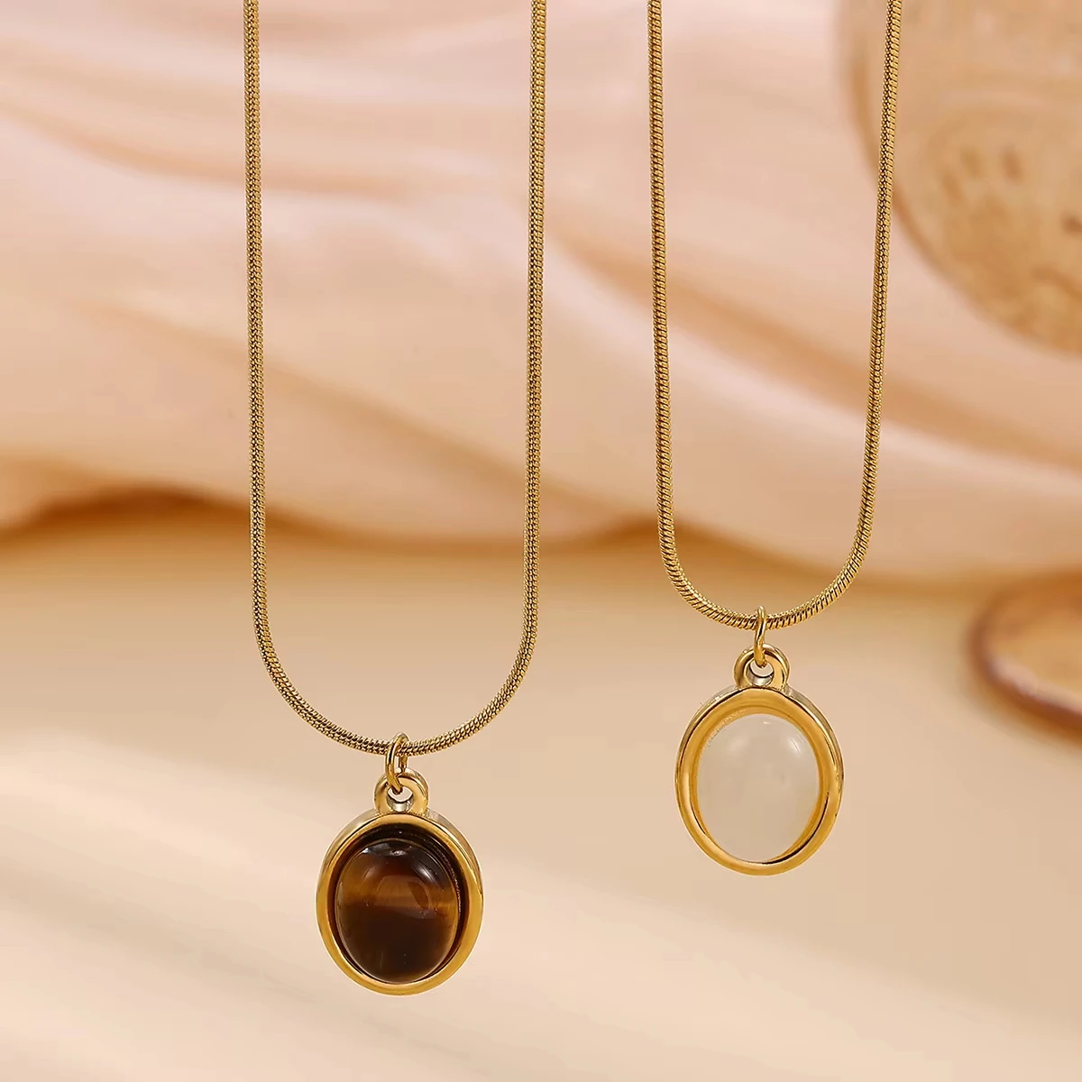 Einzigartige braune runde Stein-Halskette für Damen, Party-Kleidungszubehör, goldfarbene ovale Halskette aus Edelstahl, Schmuck, Geschenk