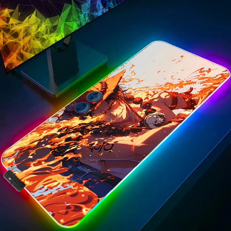 RGB LED Mouse Pad Laptop Keyboard Pad Non-Slip One Piece Portgas·D· Ace Anime Tablet Pad PC Accessories Mousepad Gaming Desk Mat