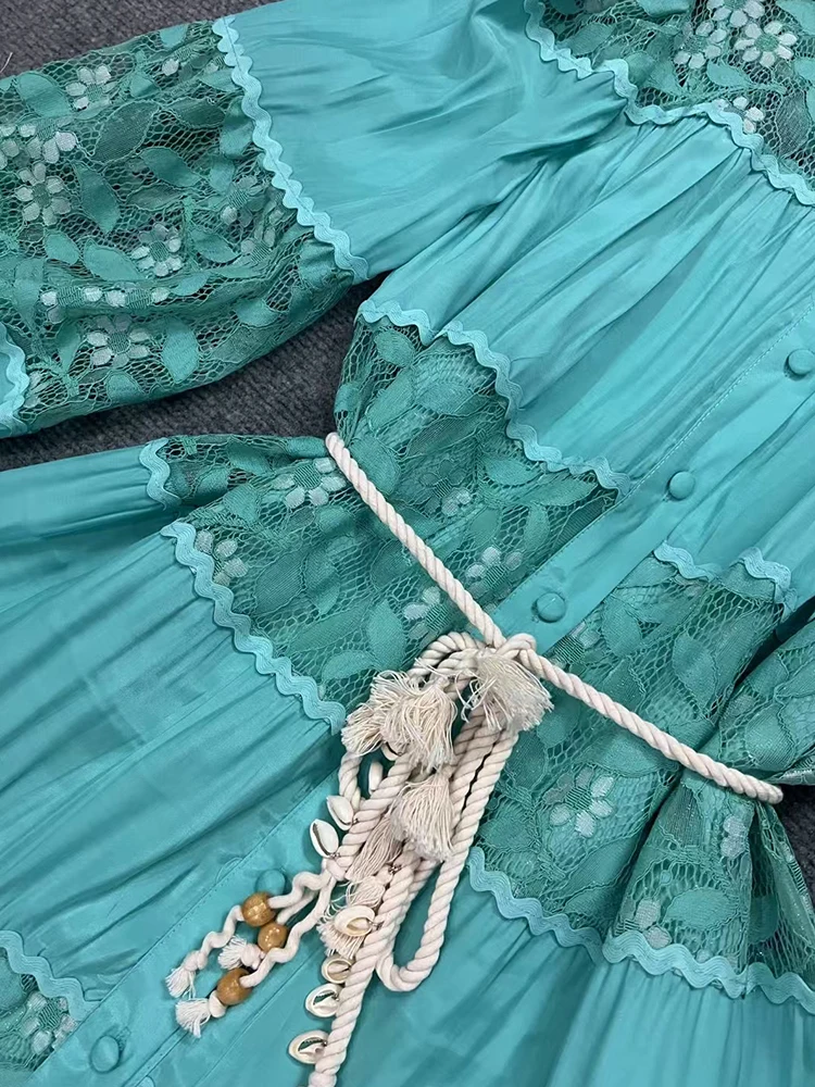 자수 컷 아웃 패치 워크 레이스 레이스 업 허리 드레스 2025 봄 여성 셔츠 드레스 패션 느슨한 다단계 퐁파두르 스커트