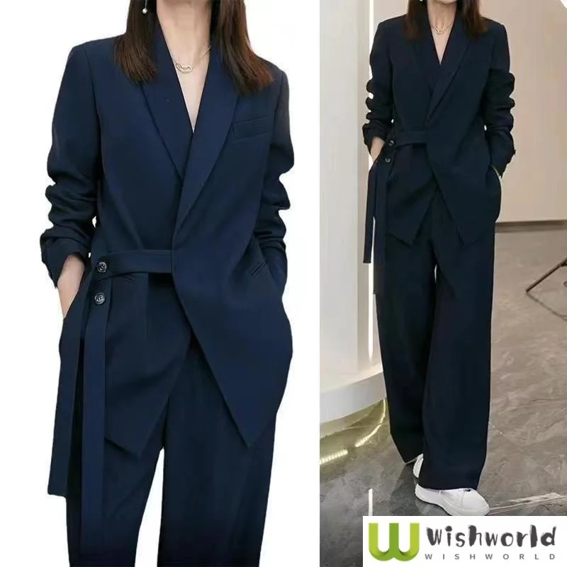 Autumn New Collection: Side Button Casual Suit Jacket Blazers Wide Leg Pants Two Piece Set Elegant Women\'s Office Outfits