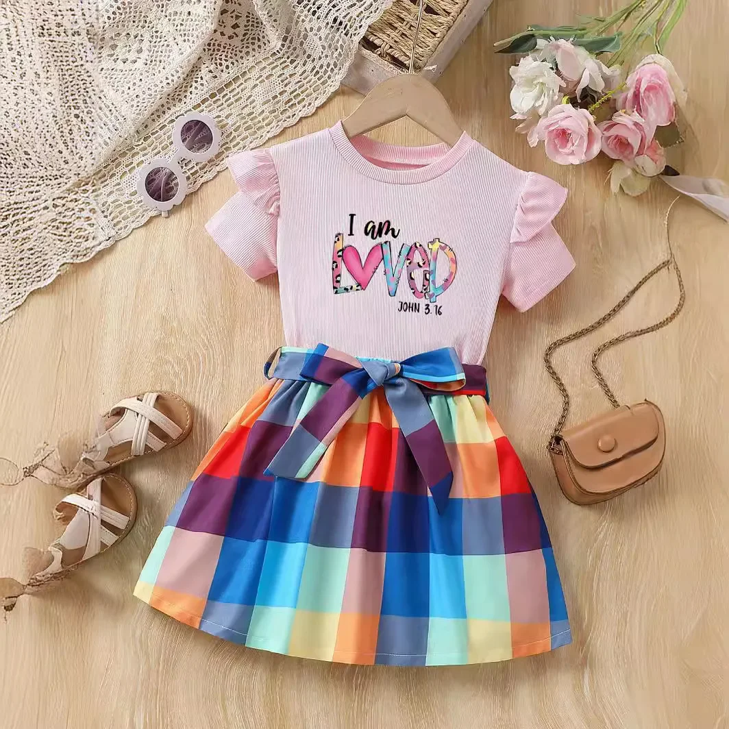 Conjunto de ropa de verano para niños y niñas, camiseta de manga corta con estampado de letras, Top + falda a cuadros, ropa de dos piezas