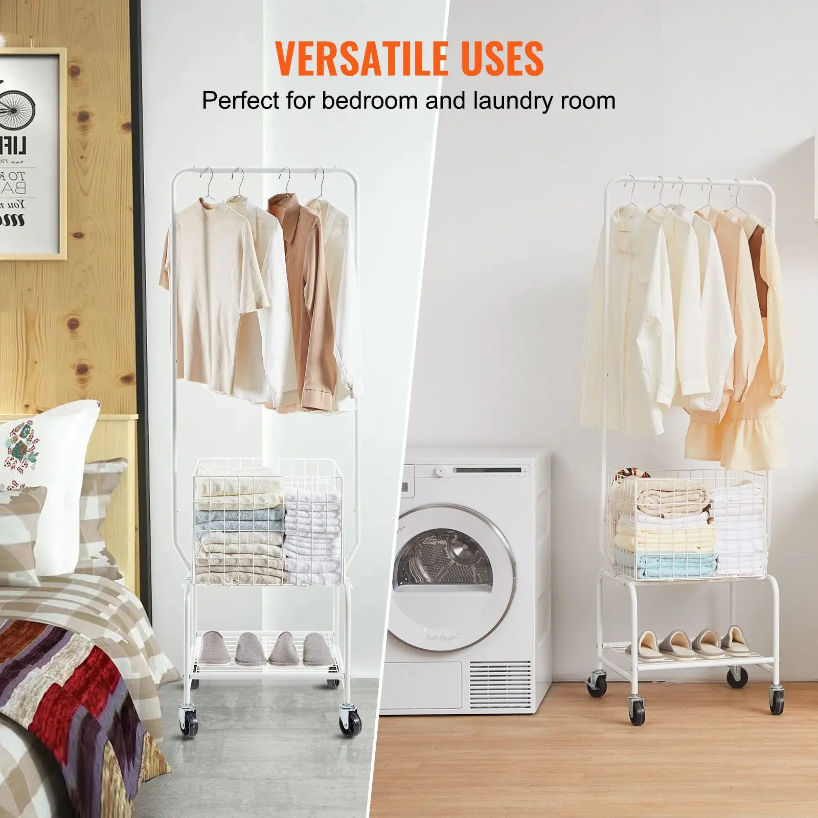 Metal Rolling Laundry Basket with Hanging Garment Rack, Height Adjustment Laundry Hamper Cart with Basket Load and Shelf Load, S