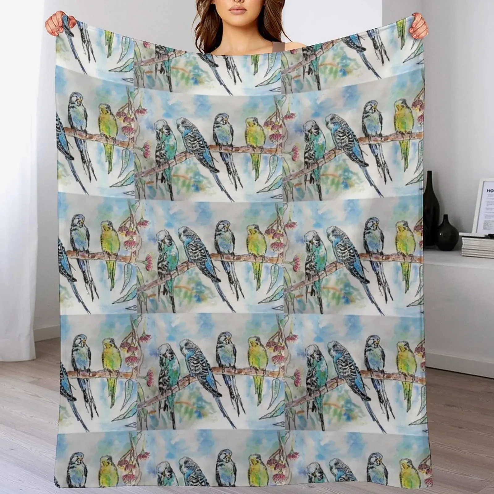 Colourful Budgies Budgerigars Sitting on A Branch Watercolor Painting Throw Blanket Sleeping Bag heavy to sleep Blankets