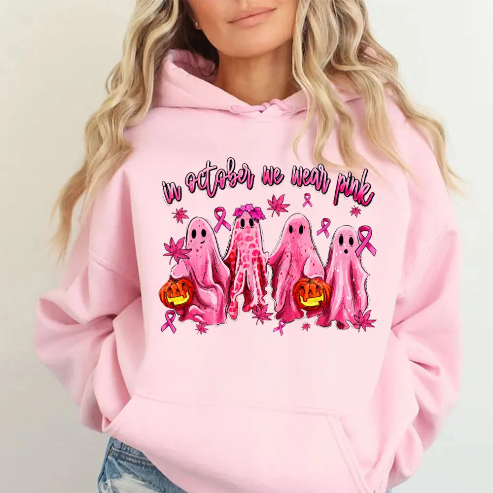 Funny Halloween Ghost Hoodies October We Wear Pink Ghost Breast Cancer Hoody Fall Winter Halloween Pink October Costume Hoodie