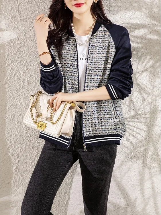 

Casual Spring 2026 Small Fraance Sle Jaet Large Size Women's Long Sve Zipper ort Baseball Coat Top Polyester Spandex