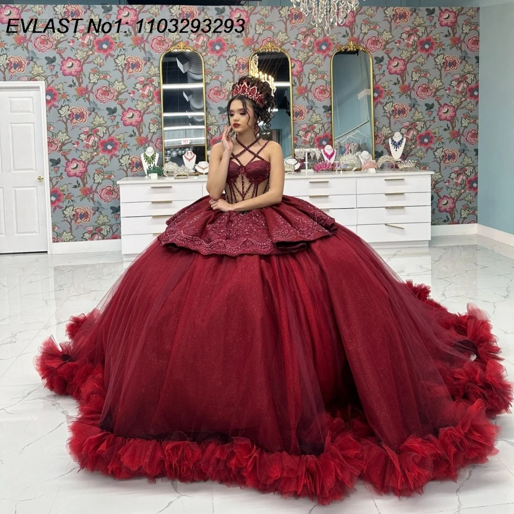 EVLAST Customized Burgundy Quinceanera Dress Ball Gown Shiny Lace Applique Beading Tiered Sweet 16 Vestidos De 15 Anos E1QN574