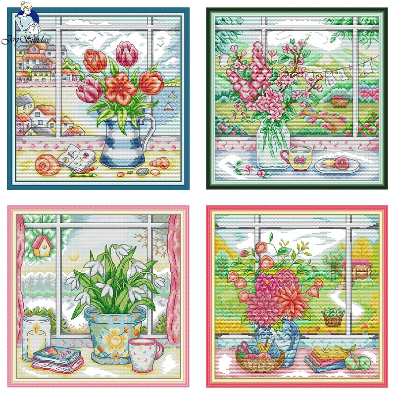 Window Sill Vase Collection Print Embroidery Cross Stitch Kit 14CT 11CT Count White Canvas Fabric Needlework Set Home Decor Gift