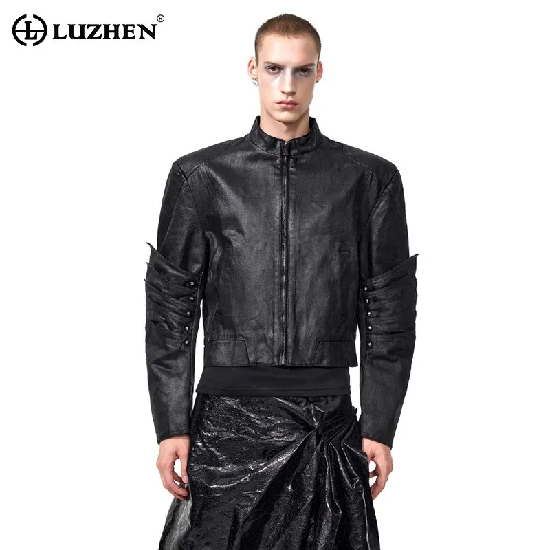 

LUZHEN Fashion Personalized Patchwork Sleeve Design Stand Neck Leather Jacket Men's 2025 Autumn Fashion Streetwear Coat JY3905
