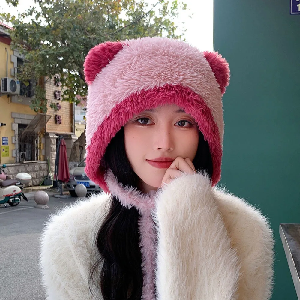 

Casual Bear Ear Knitted Plush Hat Windproof Thickened Ear Protection Hat Keep Warm Coldproof Beanies Cap Outdoor Cycling