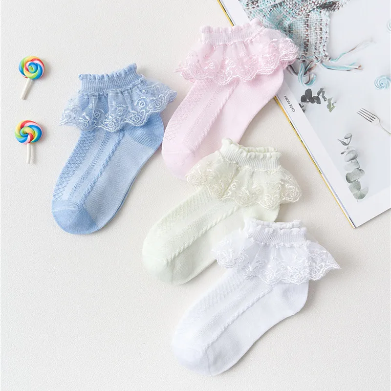 Chaussettes à volants en dentelle pour petites filles, lot de 5 paires, princesse, maille, courtes, respirantes, en coton, blanc, rose, bleu, pour