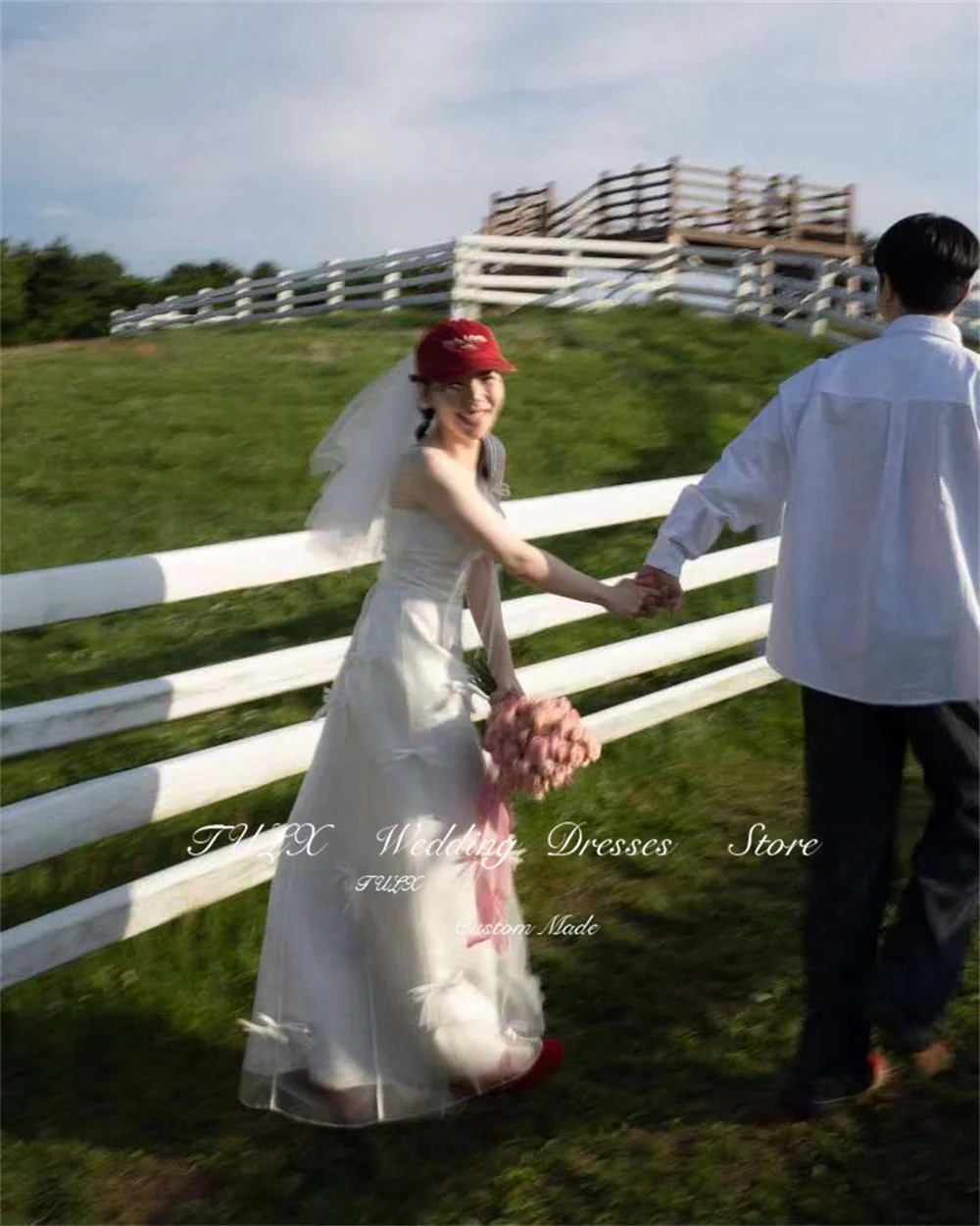 TULX Corea jardín sesión de fotos Simple correa de espagueti vestidos de novia de satén vestidos de novia con lazo largo corsé espalda kurs Chiar personalizado