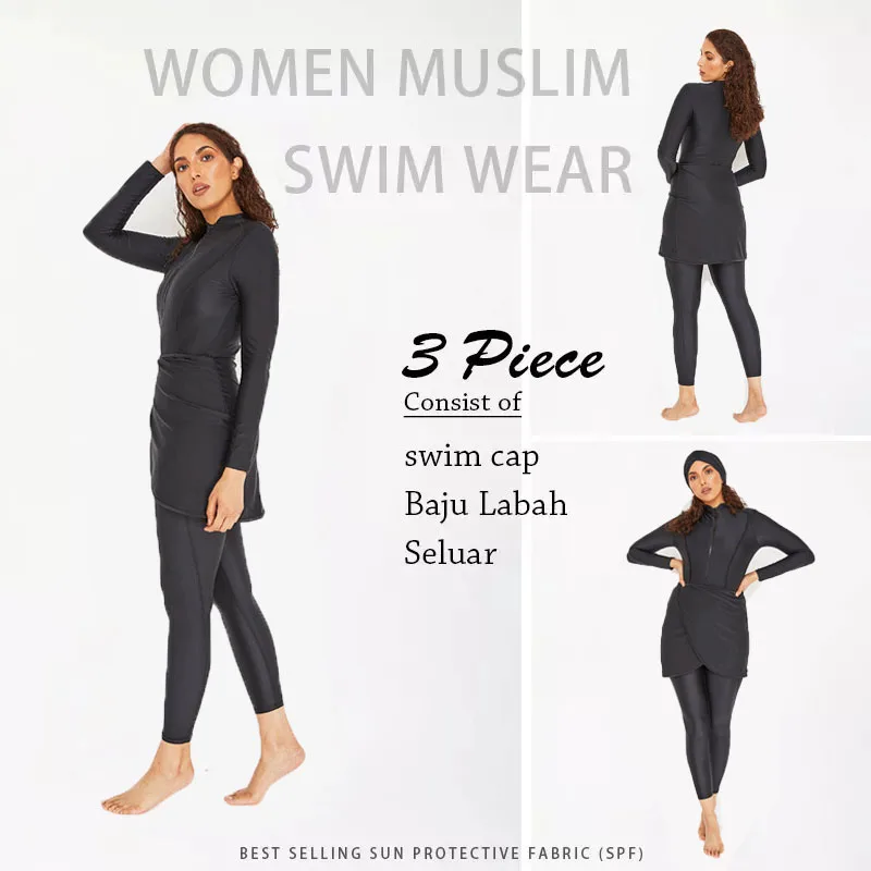 3PCS Muslim Swimwear Women Long Sleeve Swimsuit Muslimah Swimming Burkini Turban Pants maillots de bains musulmans maillot femme