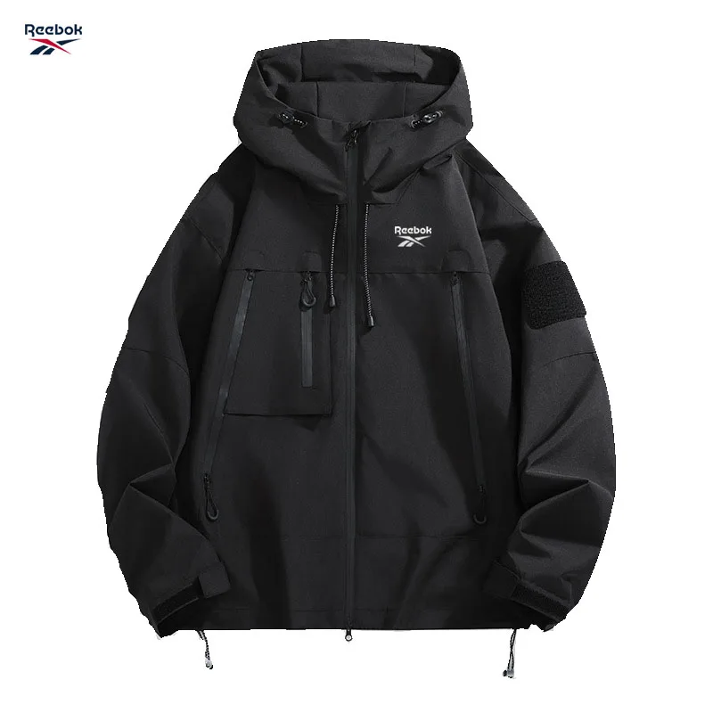 Reebok Men's Hooded Jacket, Black Waterproof Sliding Windproof Coat, Multi-Zip Design Camping Loose-Fitting Softshell Hiking Jac