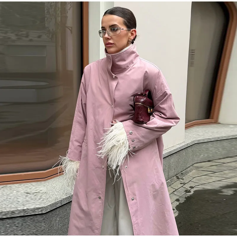 Damen Grasgrüner High-Street-Trenchcoat Stehkragen Fallende Schultern Knöpfe Großer Windbreaker 2026 Herbstmode Freizeitjacke – Detail 12