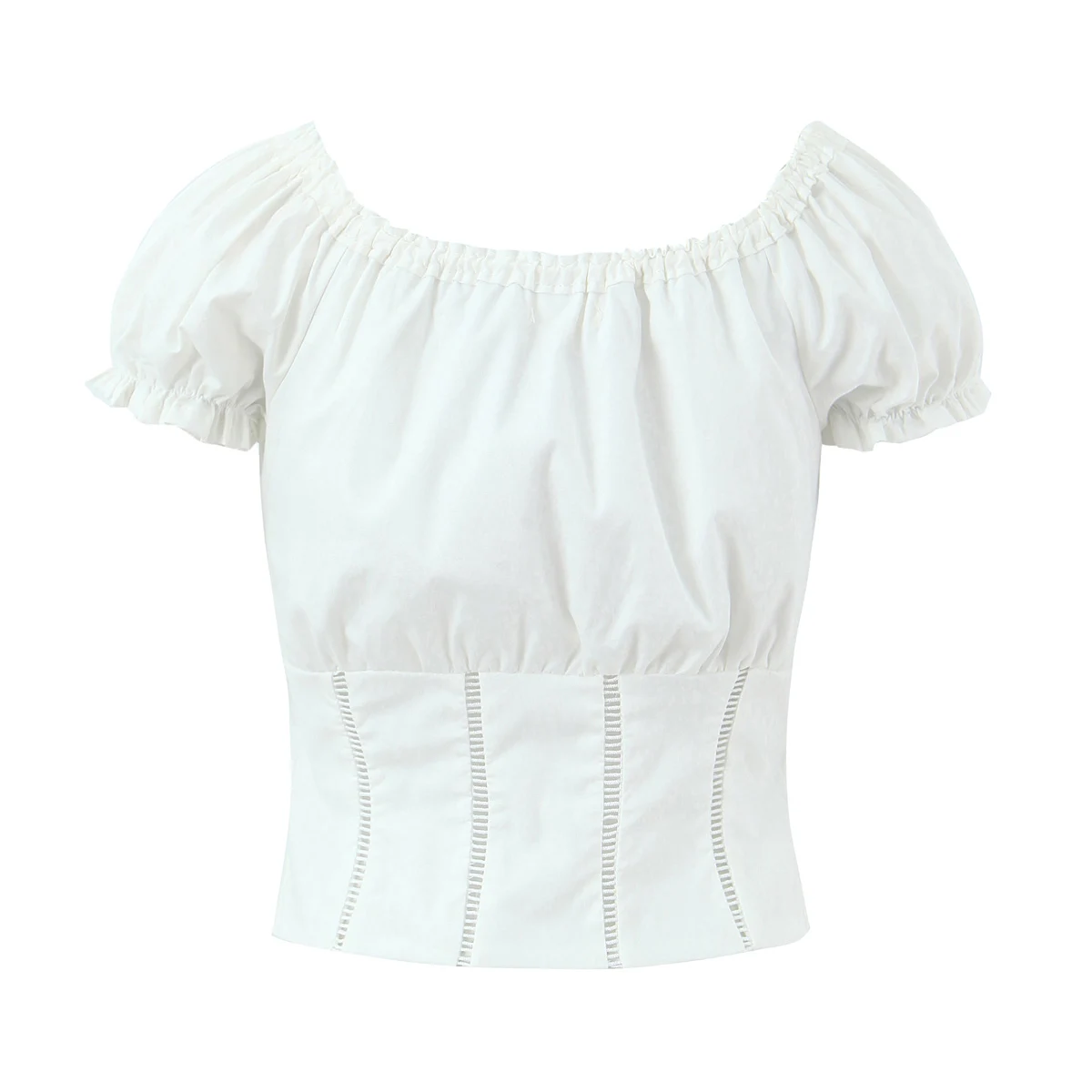 Sexy White Wood ears Bow O neck Short Puff Sleeve Shirt Women Spliced Hollow Out Hole Slim Waist Crop Tops