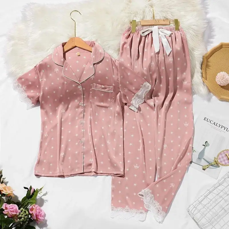 Lisacmvpnel Spring New Crown Print Women's Pyjamas Lace Sweet round Neck Sleeveless Home Clothes Sleepwear Set